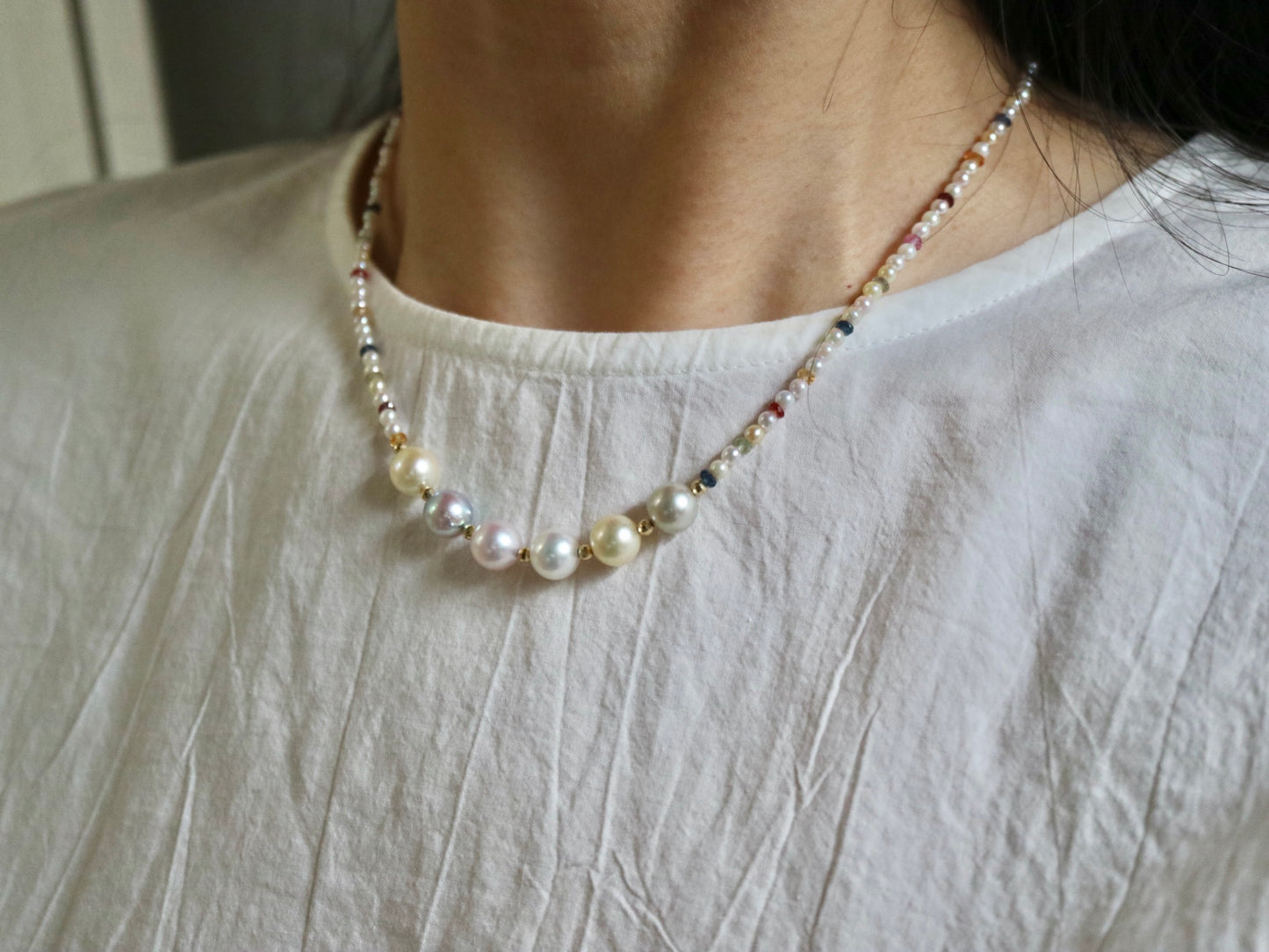 Rainbow Color Sapphire ＆ Rare 2.0-2.5mm Mixed Color Akoya Pearl Beads Strand Necklace 18K Yellow Gold