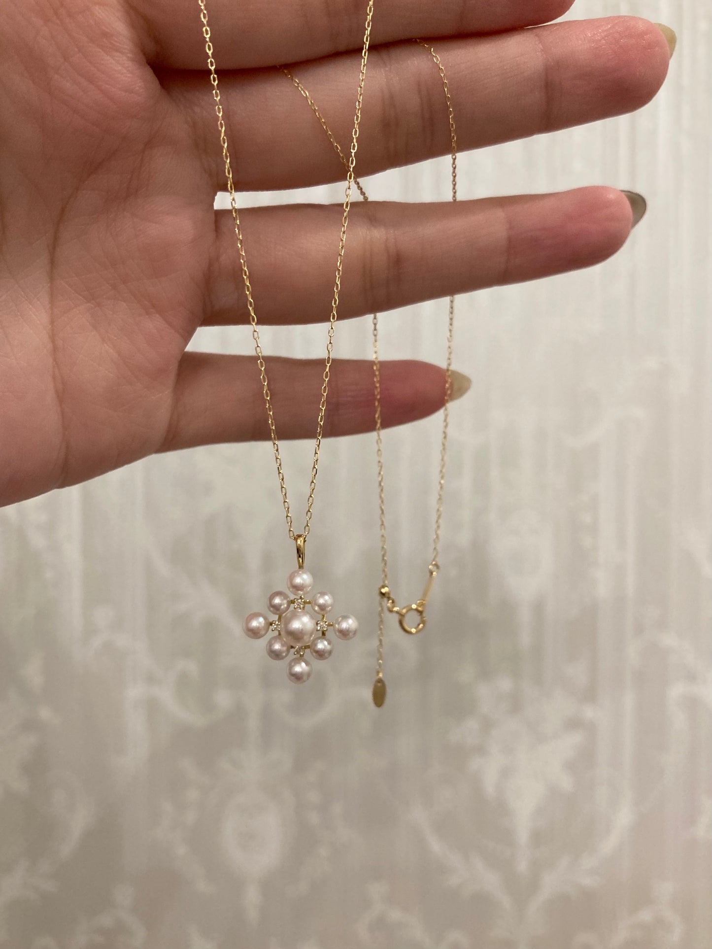 3-4.5mm アコヤ真珠 ダイヤモンド スノーフレーク ペンダントネックレス 18K イエローゴールド