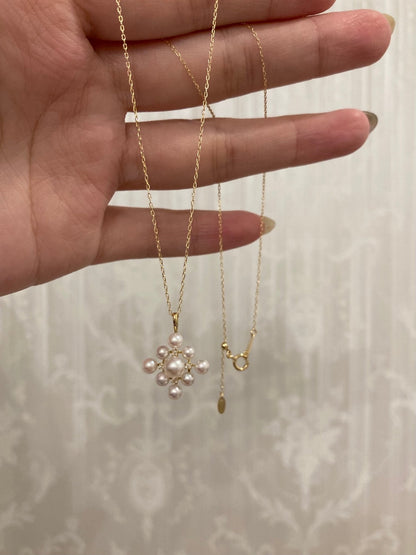 3-4.5mm アコヤ真珠 ダイヤモンド スノーフレーク ペンダントネックレス 18K イエローゴールド