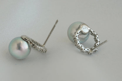 7mm Silver Blue Akoya Pearl Diamond Halo Stud Earrings Pt900 Platinum - KOKOPEARLJEWELRY - 3