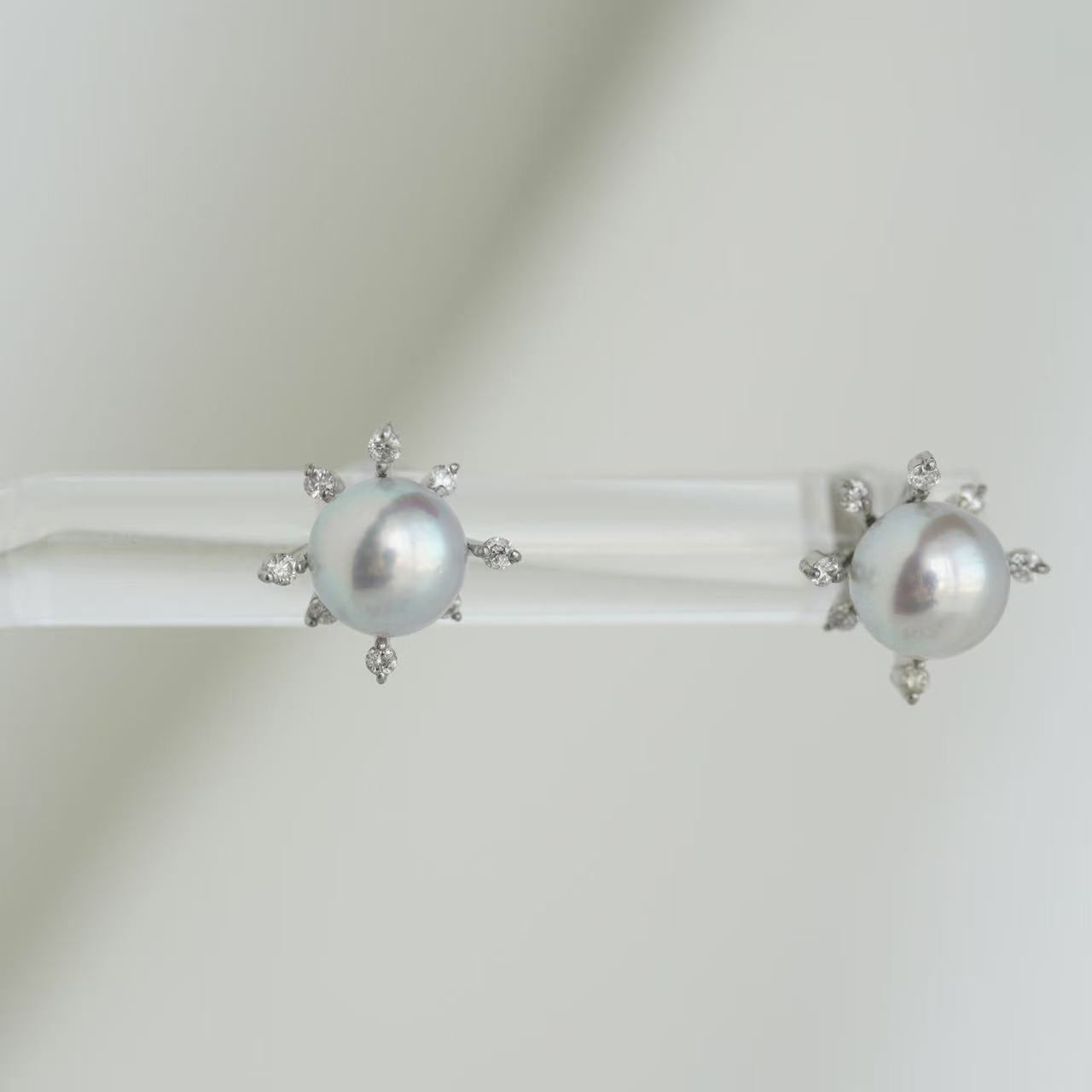 6mm 天然シルバー ブルー アコヤ真珠 花火デザイン ダイヤモンド スタッド イヤリング プラチナ
