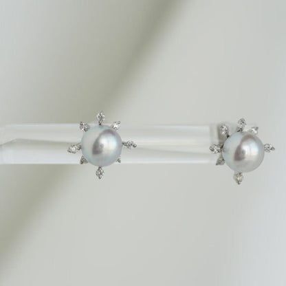 6mm 天然シルバー ブルー アコヤ真珠 花火デザイン ダイヤモンド スタッド イヤリング プラチナ