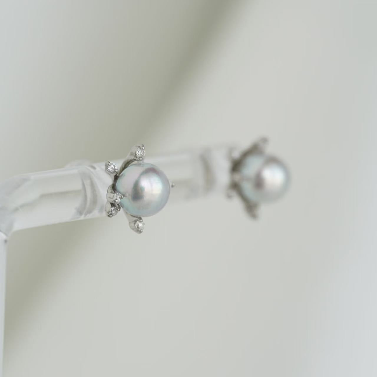6mm 天然シルバー ブルー アコヤ真珠 花火デザイン ダイヤモンド スタッド イヤリング プラチナ