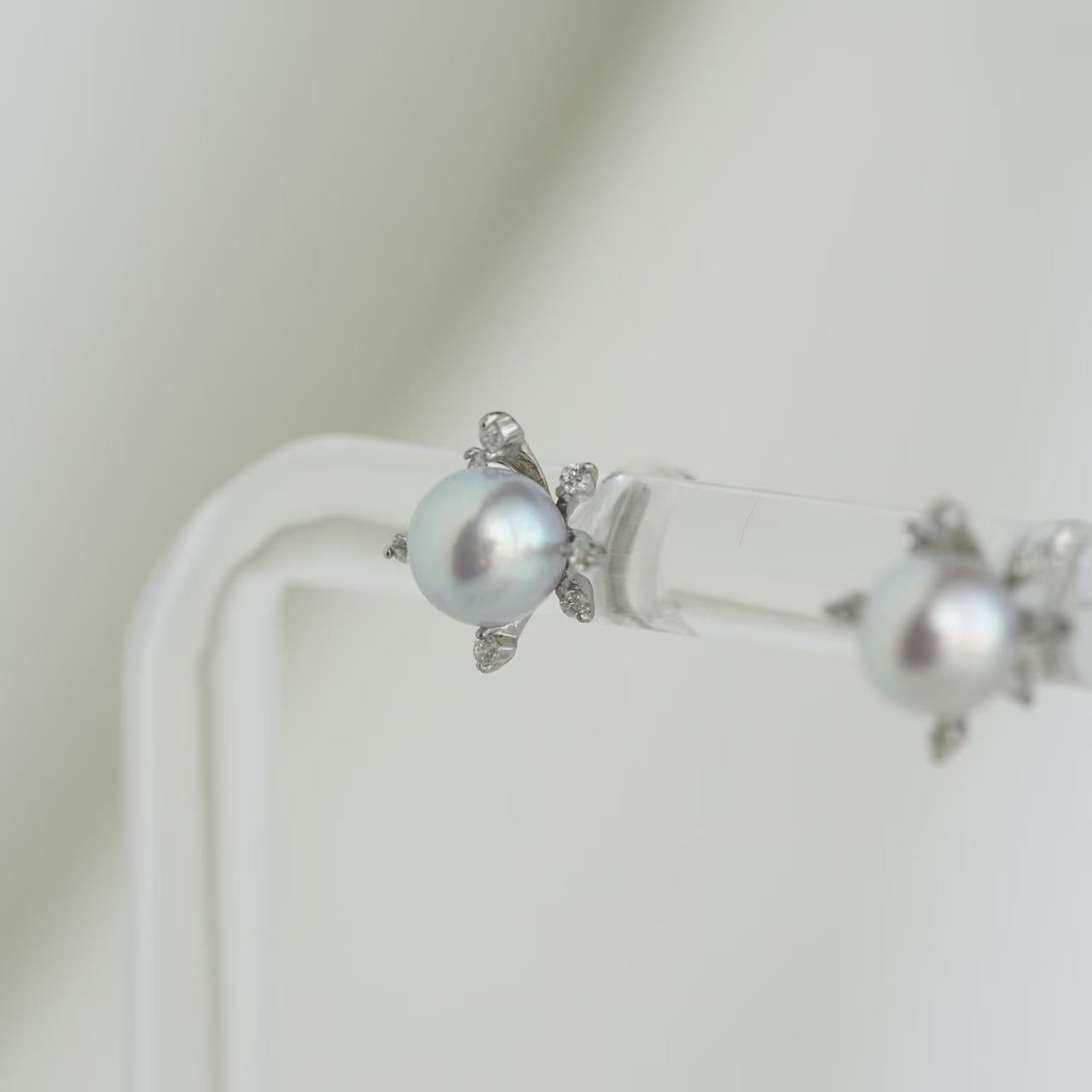6mm 天然シルバー ブルー アコヤ真珠 花火デザイン ダイヤモンド スタッド イヤリング プラチナ