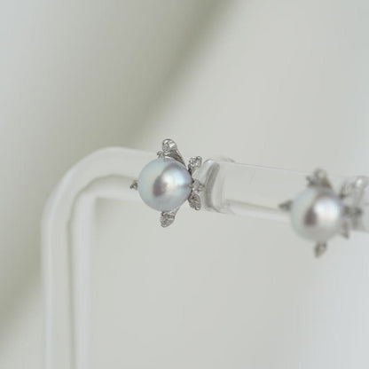 6mm 天然シルバー ブルー アコヤ真珠 花火デザイン ダイヤモンド スタッド イヤリング プラチナ