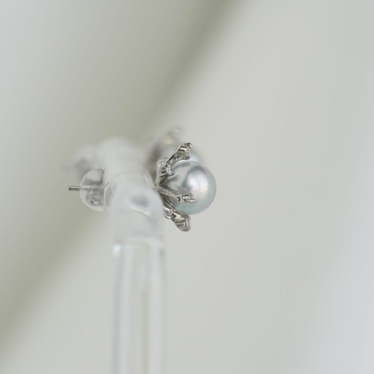6mm 天然シルバー ブルー アコヤ真珠 花火デザイン ダイヤモンド スタッド イヤリング プラチナ