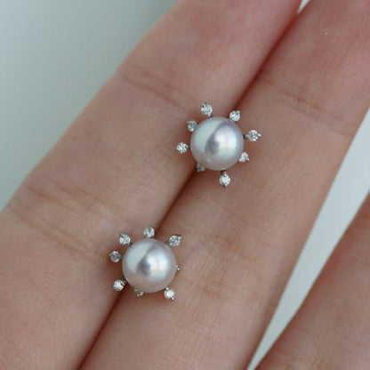 6mm 天然シルバー ブルー アコヤ真珠 花火デザイン ダイヤモンド スタッド イヤリング プラチナ