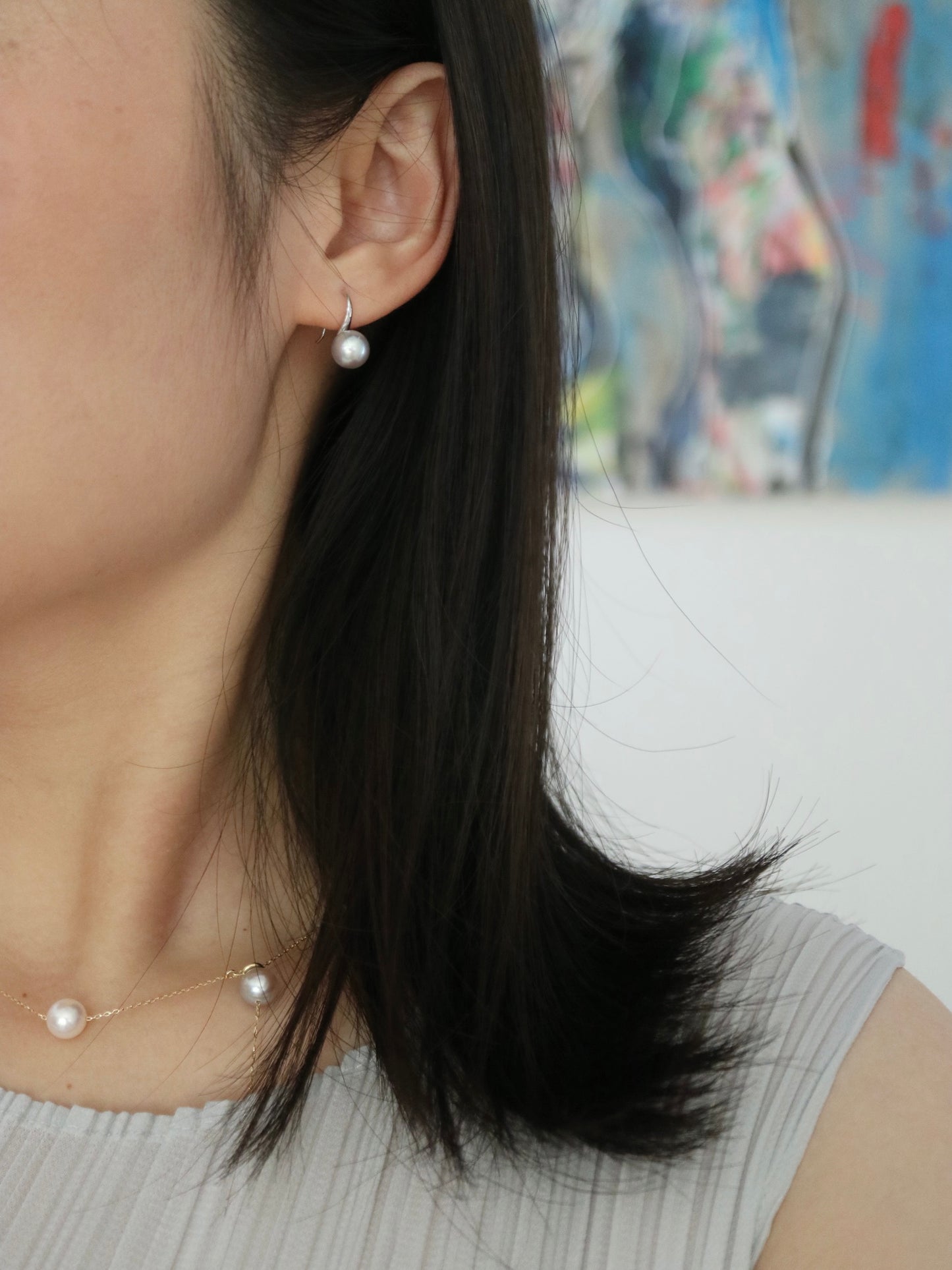 7.0mm Natural Silver Gray Akoya Pearl Drop Hook Earrings 18K White Gold