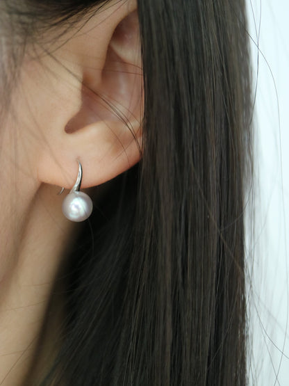 7mm Natural Silver Gray Akoya Pearl Drop Hook Earrings 18K White Gold