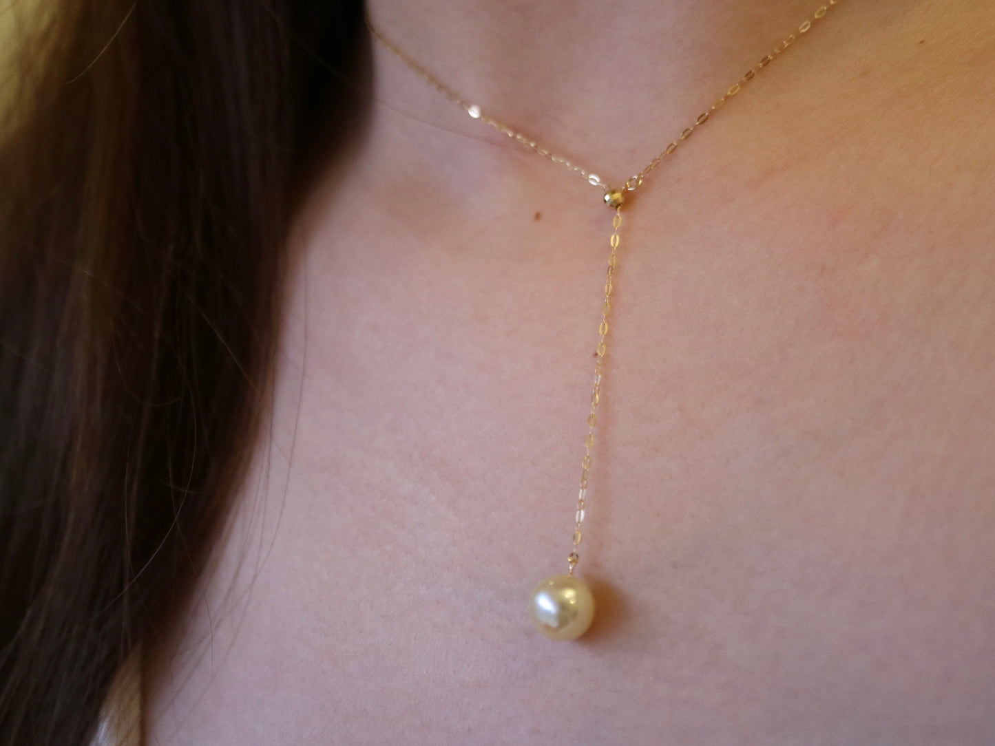 8.0mm Natural Cream Golden Akoya Pearl Adjustable Y Necklace 18K Yellow Gold
