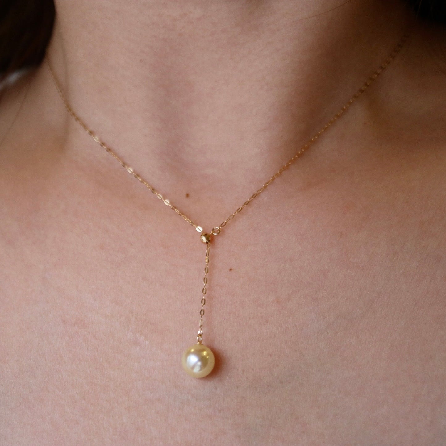 8.0mm Natural Cream Golden Akoya Pearl Adjustable Y Necklace 18K Yellow Gold