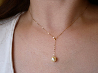 8mm Natural Cream Golden Akoya Pearl Adjustable Y Necklace 18K Yellow Gold - KOKOPEARLJEWELRY - 1