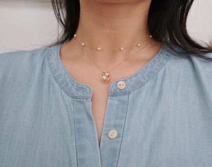 Two Akoya Pearls Crescent Moon Pendant Necklace 18K Yellow Gold - KOKOPEARLJEWELRY - 2
