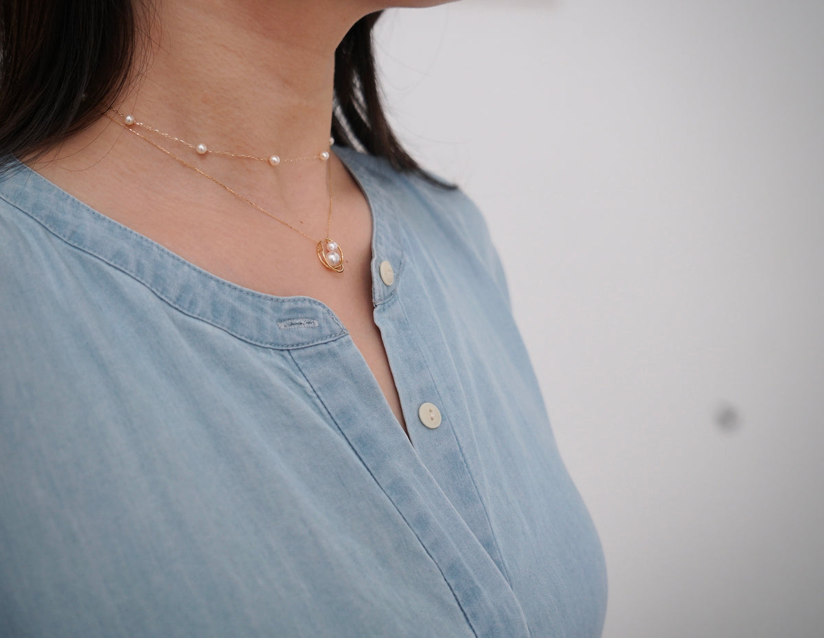 Two Akoya Pearls Crescent Moon Pendant Necklace 18K Yellow Gold