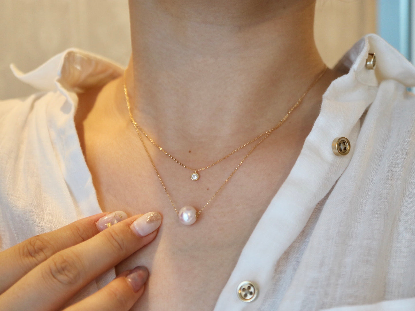 8.5mm Akoya Pearl Dimond Double Layered Floating Pendant Necklace 18K Yellow Gold - KOKOPEARLJEWELRY - 2