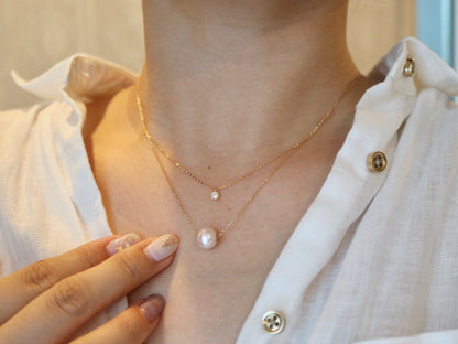 8.5mm Akoya Pearl Dimond Double Layered Floating Pendant Necklace 18K Yellow Gold - KOKOPEARLJEWELRY - 2