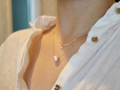 8.5mm Akoya Pearl Dimond Double Layered Floating Pendant Necklace 18K Yellow Gold - KOKOPEARLJEWELRY - 3