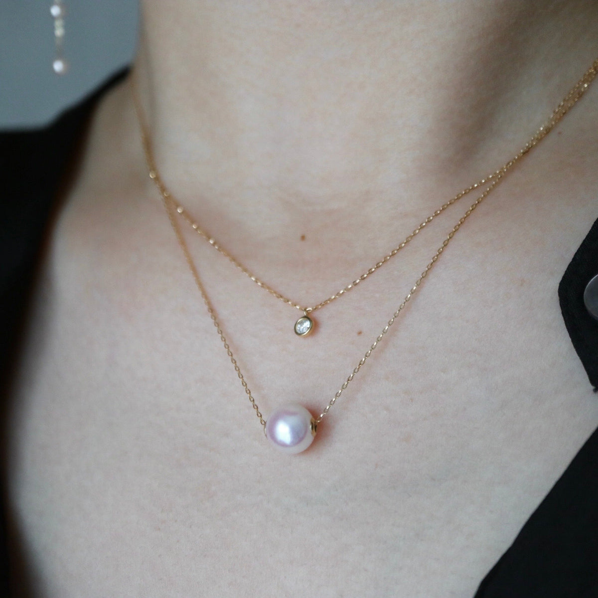 8.5mm Akoya Pearl Dimond Double Layered Floating Pendant Necklace 18K Yellow Gold - KOKOPEARLJEWELRY - 1