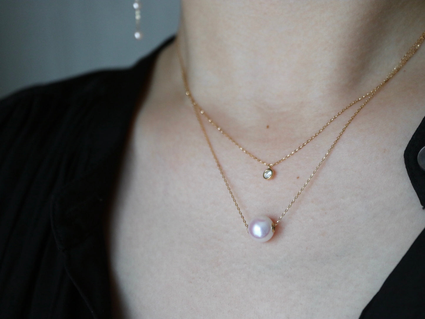 8.5mm アコヤ真珠 ダイヤモンド ダブルレイヤー フローティング ペンダント ネックレス 18K イエローゴールド