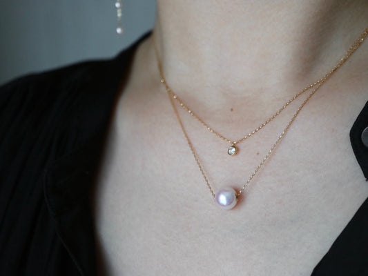 8.5mm アコヤ真珠 ダイヤモンド ダブルレイヤー フローティング ペンダント ネックレス 18K イエローゴールド