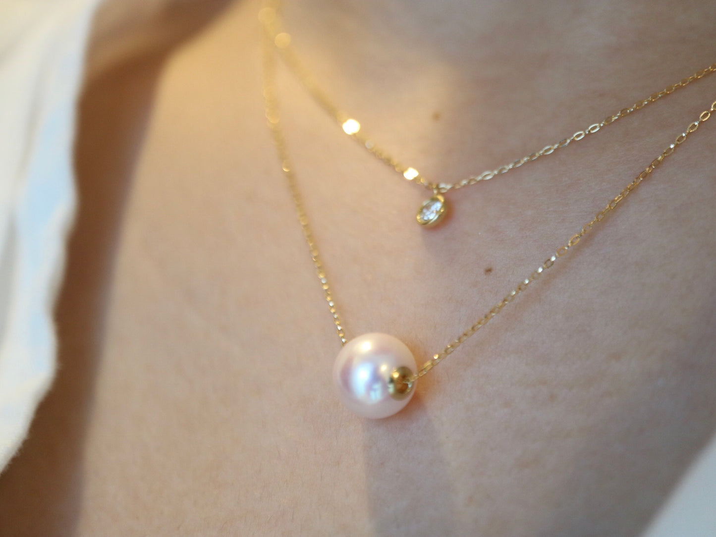 8.5mm アコヤ真珠 ダイヤモンド ダブルレイヤー フローティング ペンダント ネックレス 18K イエローゴールド