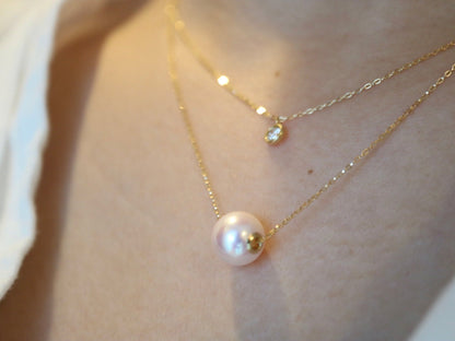 8.5mm Akoya Pearl Dimond Double Layered Floating Pendant Necklace 18K Yellow Gold - KOKOPEARLJEWELRY - 4