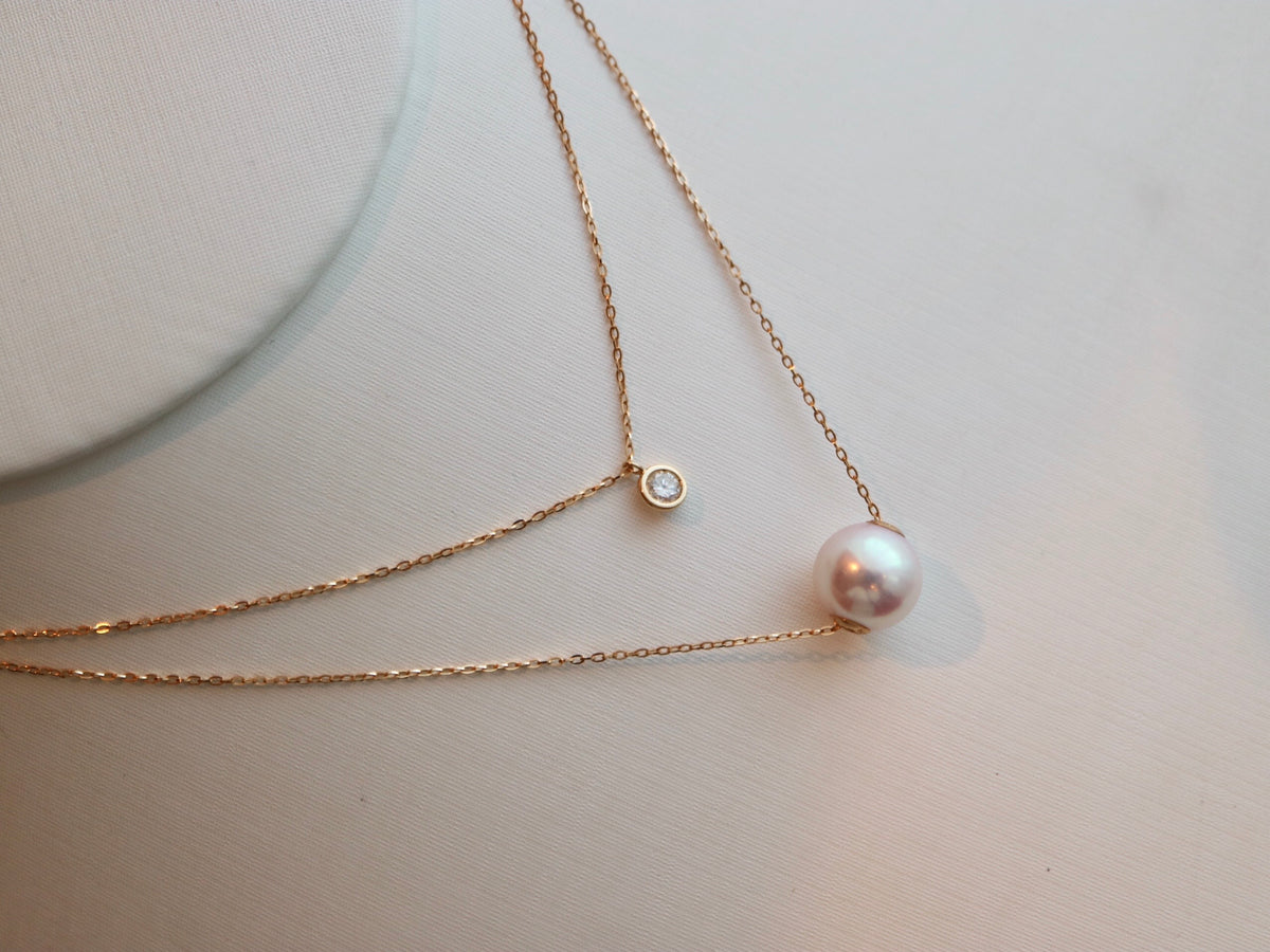 8.5mm Akoya Pearl Dimond Double Layered Floating Pendant Necklace 18K Yellow Gold - KOKOPEARLJEWELRY - 5