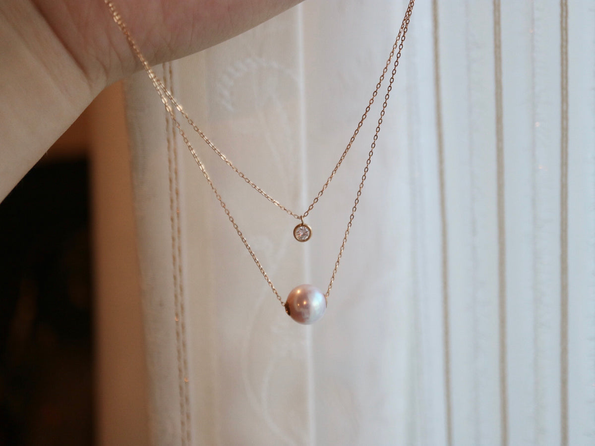 8.5mm Akoya Pearl Dimond Double Layered Floating Pendant Necklace 18K Yellow Gold - KOKOPEARLJEWELRY - 6