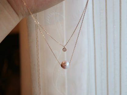 8.5mm Akoya Pearl Dimond Double Layered Floating Pendant Necklace 18K Yellow Gold - KOKOPEARLJEWELRY - 6