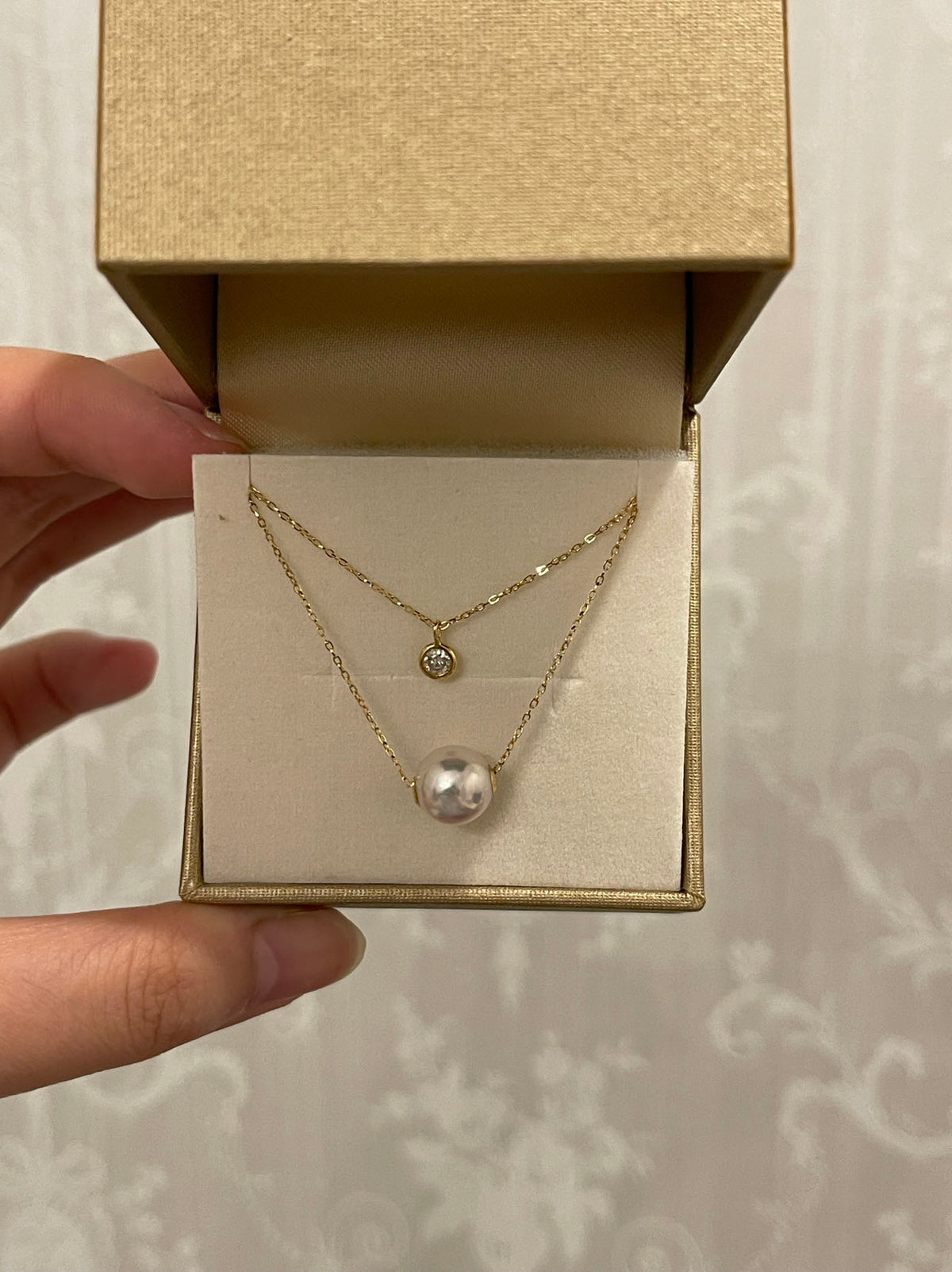 8.5mm Akoya Pearl Dimond Double Layered Floating Pendant Necklace 18K Yellow Gold - KOKOPEARLJEWELRY - 7