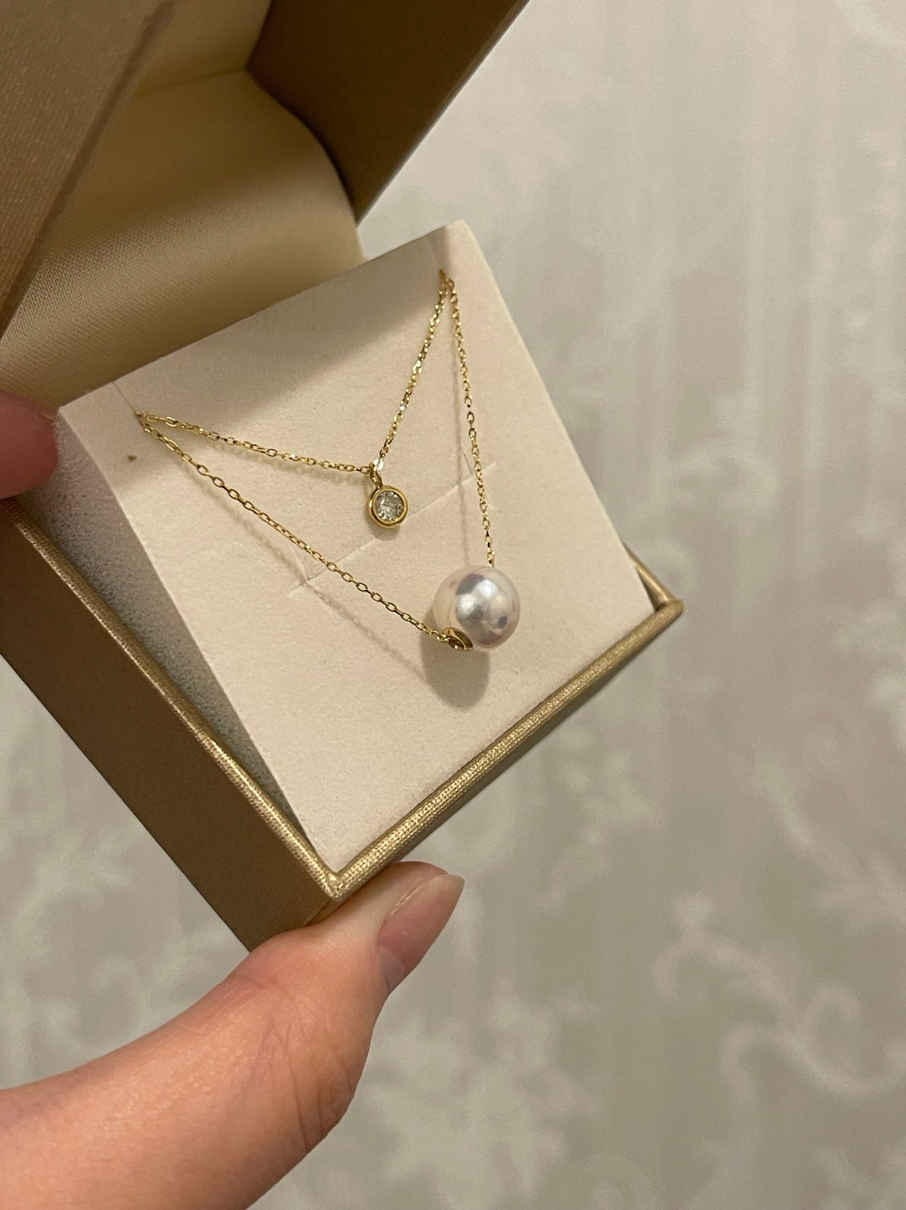 8.5mm Akoya Pearl Dimond Double Layered Floating Pendant Necklace 18K Yellow Gold - KOKOPEARLJEWELRY - 8