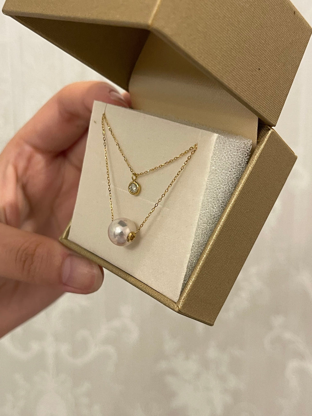 8.5mm Akoya Pearl Dimond Double Layered Floating Pendant Necklace 18K Yellow Gold - KOKOPEARLJEWELRY - 9