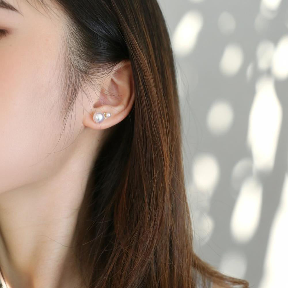 4.0+7.5mm Double Akoya Pearl Diamond Stud Earrings 18K Yellow Gold