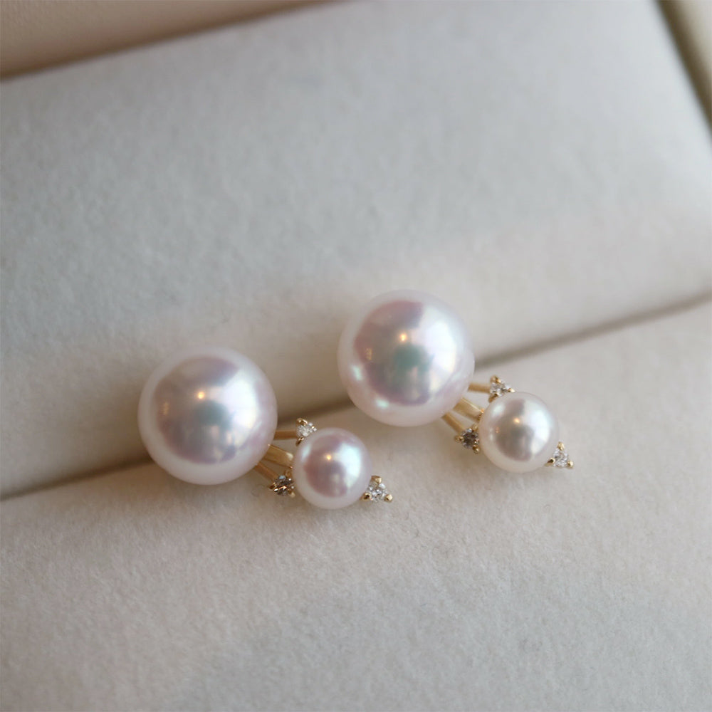 4.0+7.5mm Double Akoya Pearl Diamond Stud Earrings 18K Yellow Gold