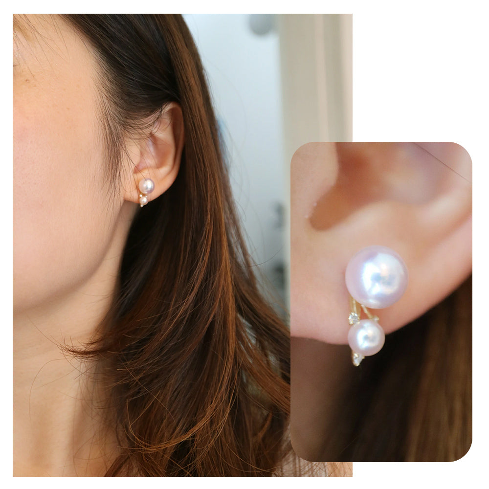4.0+7.5mm Double Akoya Pearl Diamond Stud Earrings 18K Yellow Gold