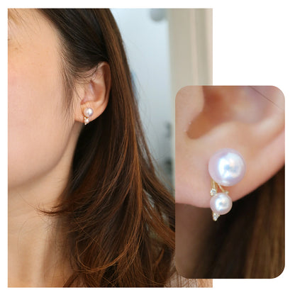 4.0+7.5mm Double Akoya Pearl Diamond Stud Earrings 18K Yellow Gold