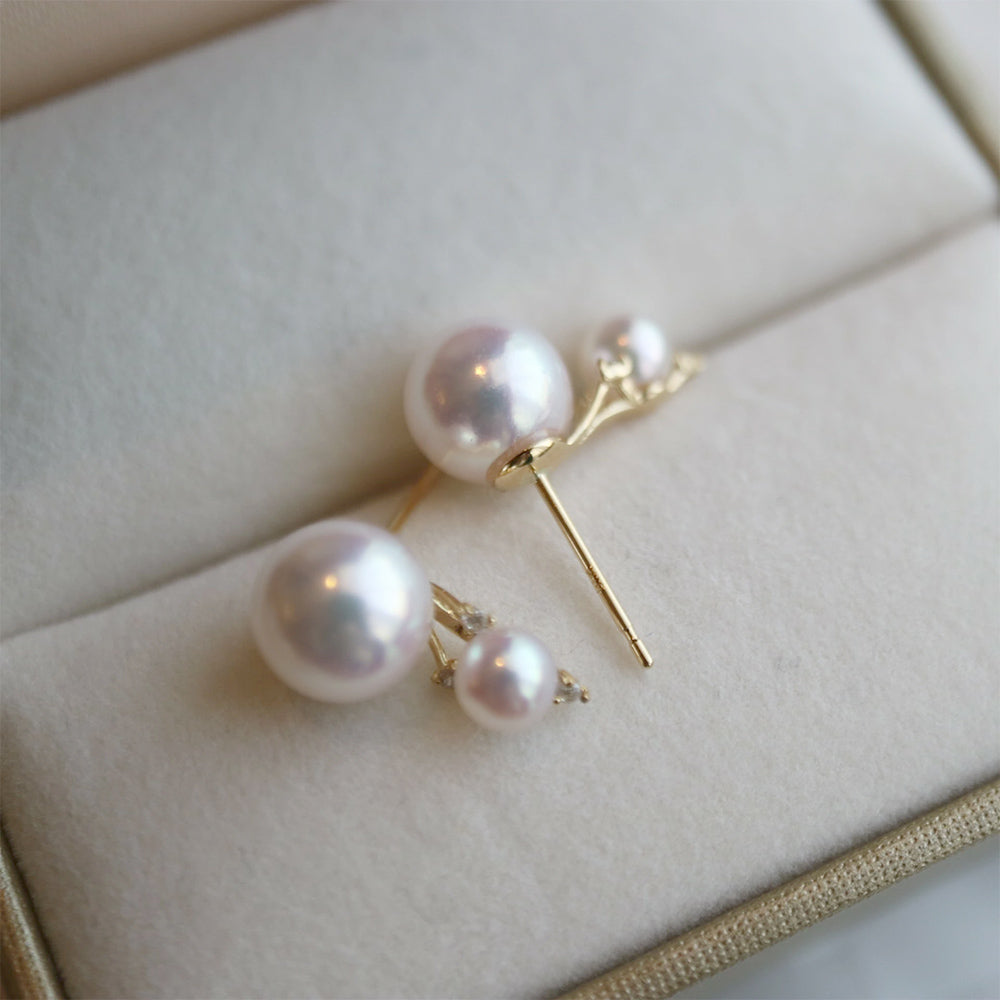 4.0+7.5mm Double Akoya Pearl Diamond Stud Earrings 18K Yellow Gold