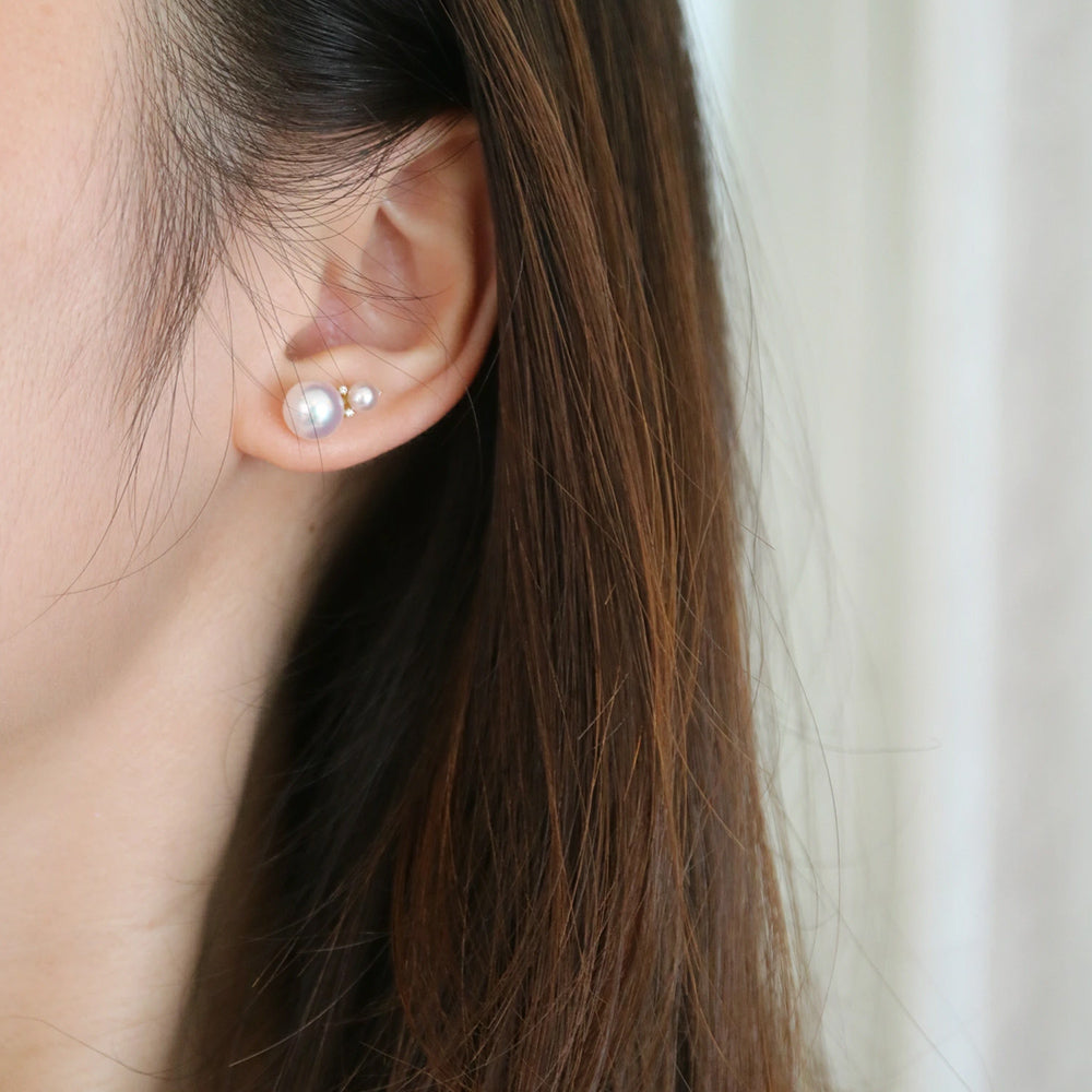 4.0+7.5mm Double Akoya Pearl Diamond Stud Earrings 18K Yellow Gold
