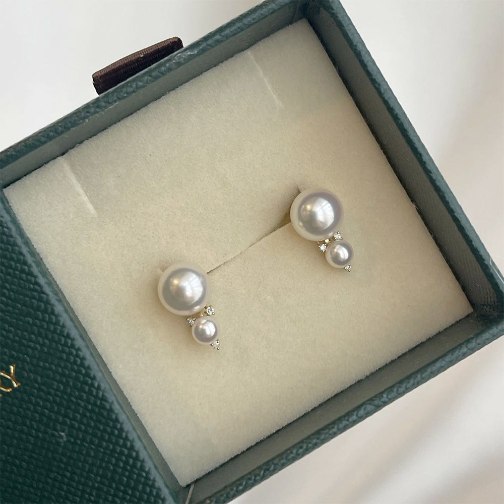 4.0+7.5mm Double Akoya Pearl Diamond Stud Earrings 18K Yellow Gold