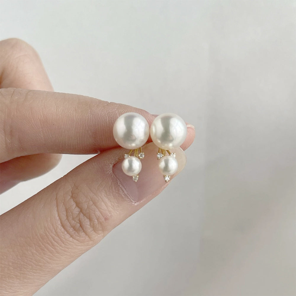 4.0+7.5mm Double Akoya Pearl Diamond Stud Earrings 18K Yellow Gold