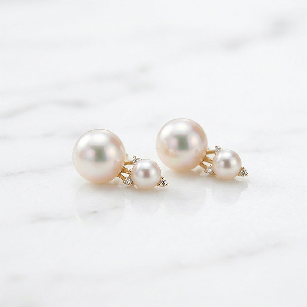 4.0+7.5mm Double Akoya Pearl Diamond Stud Earrings 18K Yellow Gold