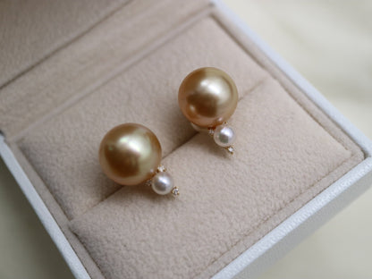 10mm Golden South Sea Pearl 4mm White Akoya Pearl Diamond Earrings 18K Yellow Gold - KOKOPEARLJEWELRY - 6