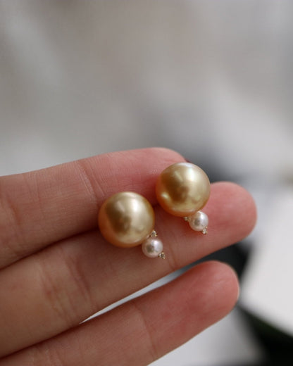 10mm Golden South Sea Pearl 4mm White Akoya Pearl Diamond Earrings 18K Yellow Gold - KOKOPEARLJEWELRY - 10