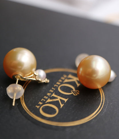 10mm Golden South Sea Pearl 4mm White Akoya Pearl Diamond Earrings 18K Yellow Gold - KOKOPEARLJEWELRY - 11