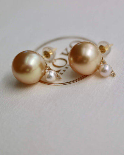 10mm Golden South Sea Pearl 4mm White Akoya Pearl Diamond Earrings 18K Yellow Gold - KOKOPEARLJEWELRY - 7