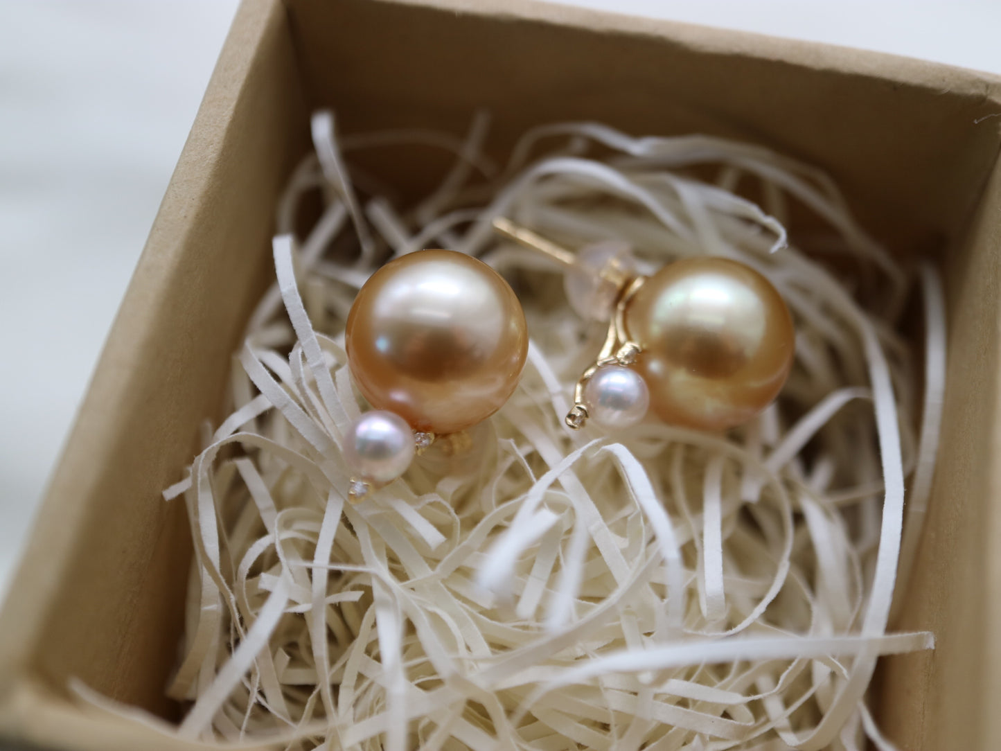 10mm ゴールデン サウス シー パール 4mm ホワイト アコヤ パール ダイヤモンド イヤリング 18K イエロー ゴールド