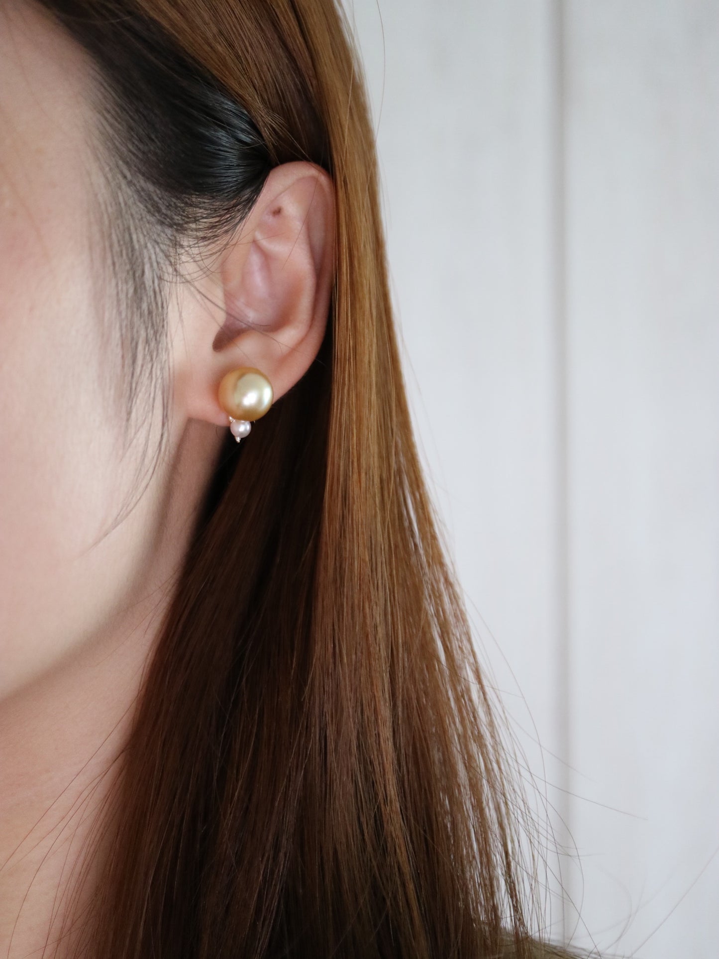 10mm ゴールデン サウス シー パール 4mm ホワイト アコヤ パール ダイヤモンド イヤリング 18K イエロー ゴールド