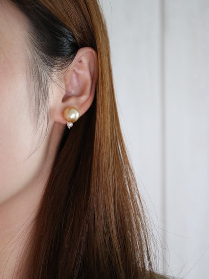 10mm Golden South Sea Pearl 4mm White Akoya Pearl Diamond Earrings 18K Yellow Gold - KOKOPEARLJEWELRY - 2
