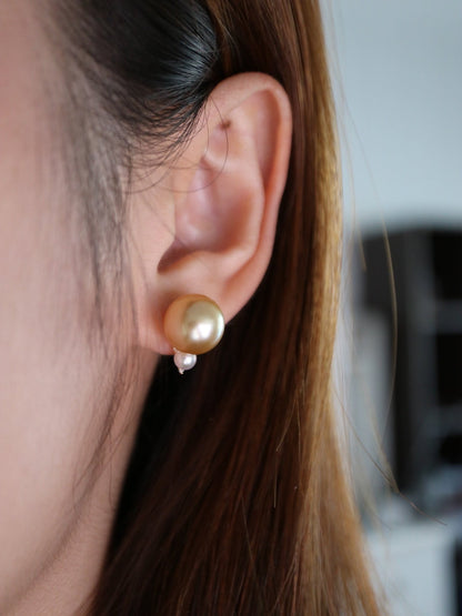 10mm Golden South Sea Pearl 4mm White Akoya Pearl Diamond Earrings 18K Yellow Gold - KOKOPEARLJEWELRY - 1