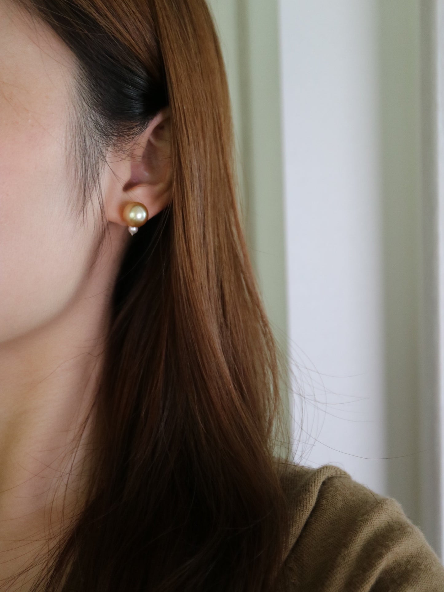 10mm ゴールデン サウス シー パール 4mm ホワイト アコヤ パール ダイヤモンド イヤリング 18K イエロー ゴールド